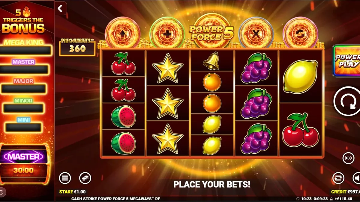 Tampilan visual slot Cash Strike Power Force 5 Megaways dengan simbol buah klasik.