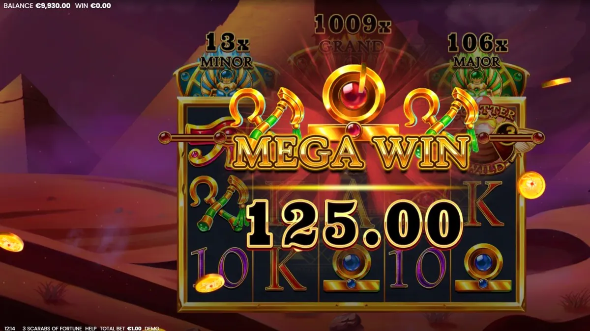 Tampilan visual slot 3 Scarabs of Fortune dengan latar belakang piramida malam hari dan simbol scarab emas.