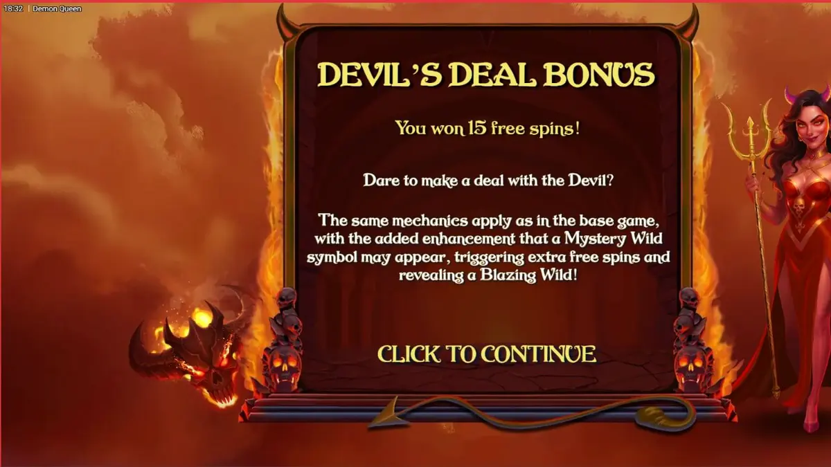 Tampilan visual slot Demon Queen dengan tema neraka dan simbol buah klasik.