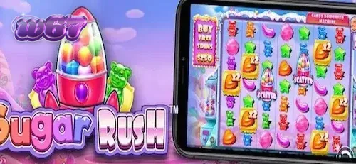 Tampilan antarmuka seluler slot Sugar Rush dengan grid 7x7 yang penuh warna